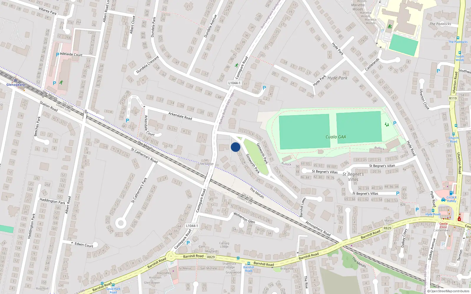 Overhead map showing the location of 38 Gosworth Park, Dalkey, Dublin