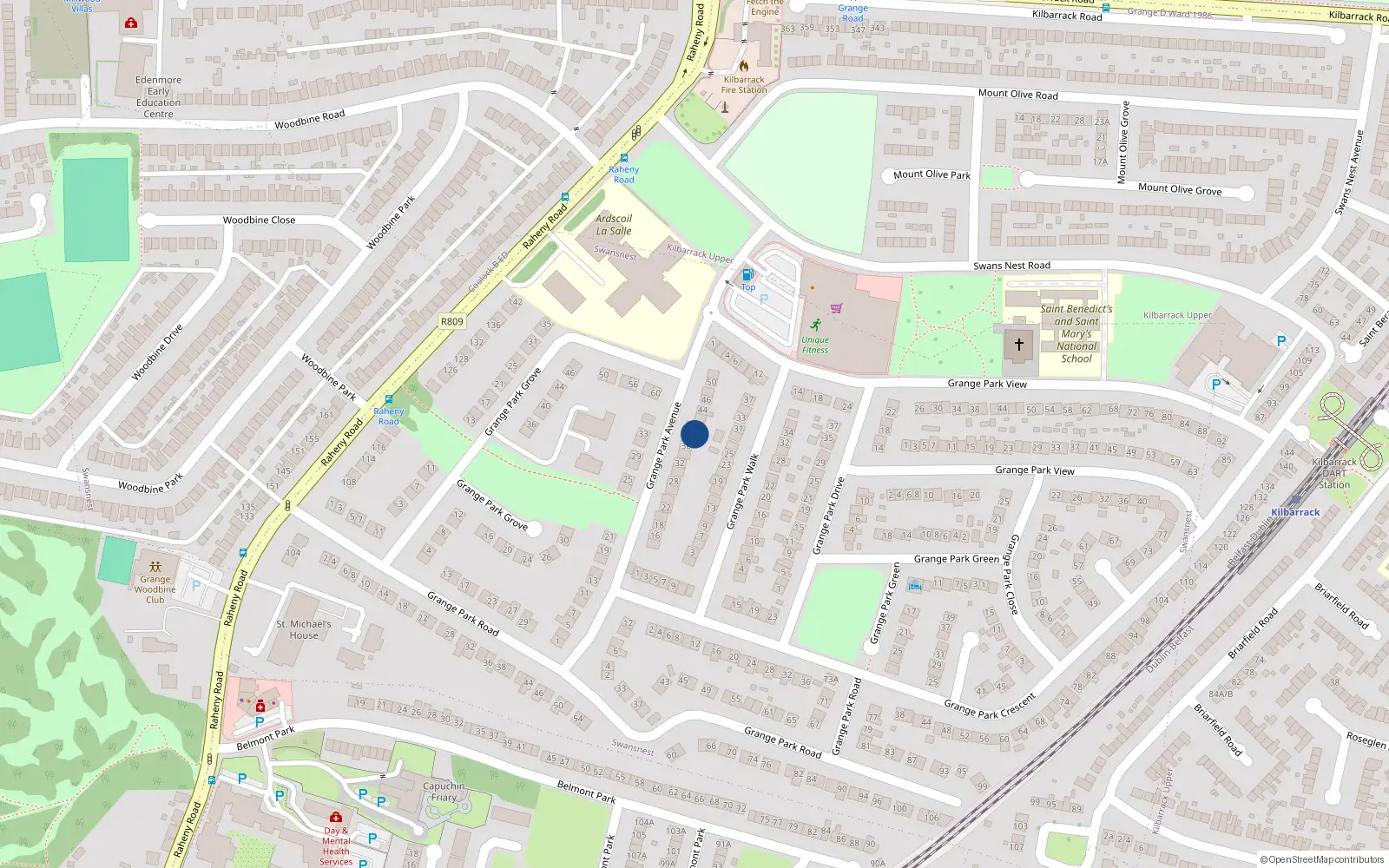 Overhead map showing the location of 38 Grange Park Avenue, Dublin 5
