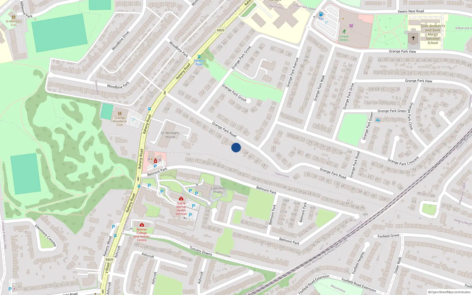 Overhead map showing the location of 38 Grange Park Road, Raheny, Dublin 5