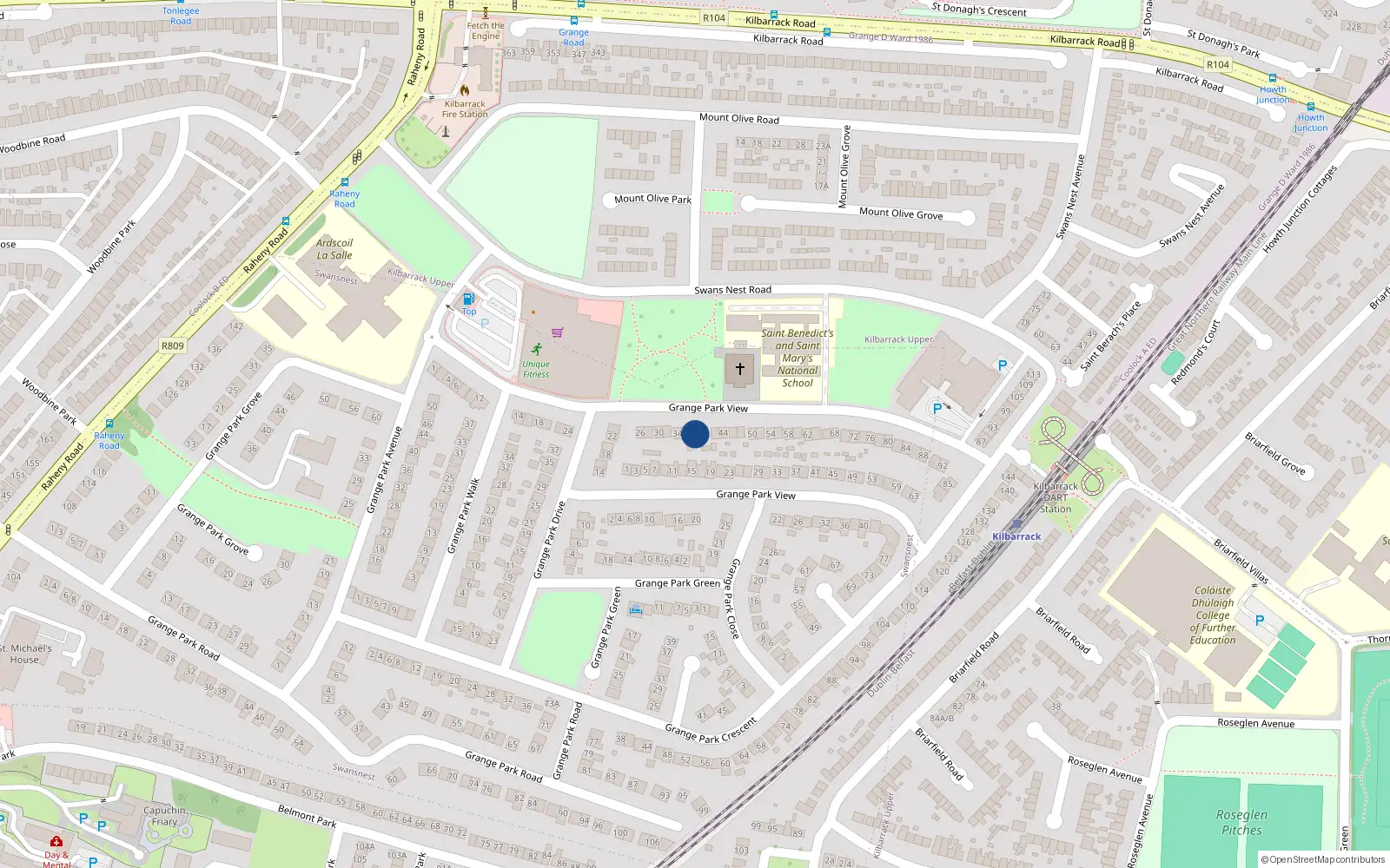 Overhead map showing the location of 38 Grange Park View, Dublin 5