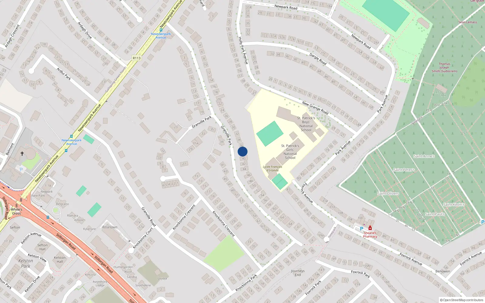 Overhead map showing the location of 38 Granville Park, Blackrock