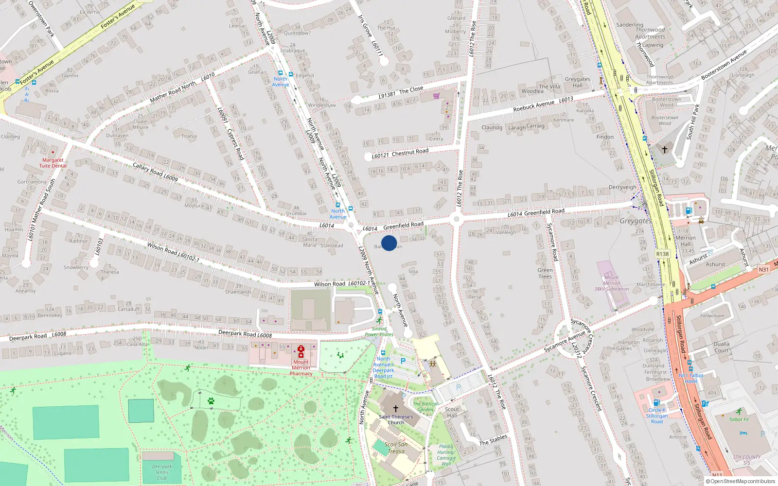 Overhead map showing the location of 38 Greenfield Road, Mount Merrion, Blackrock