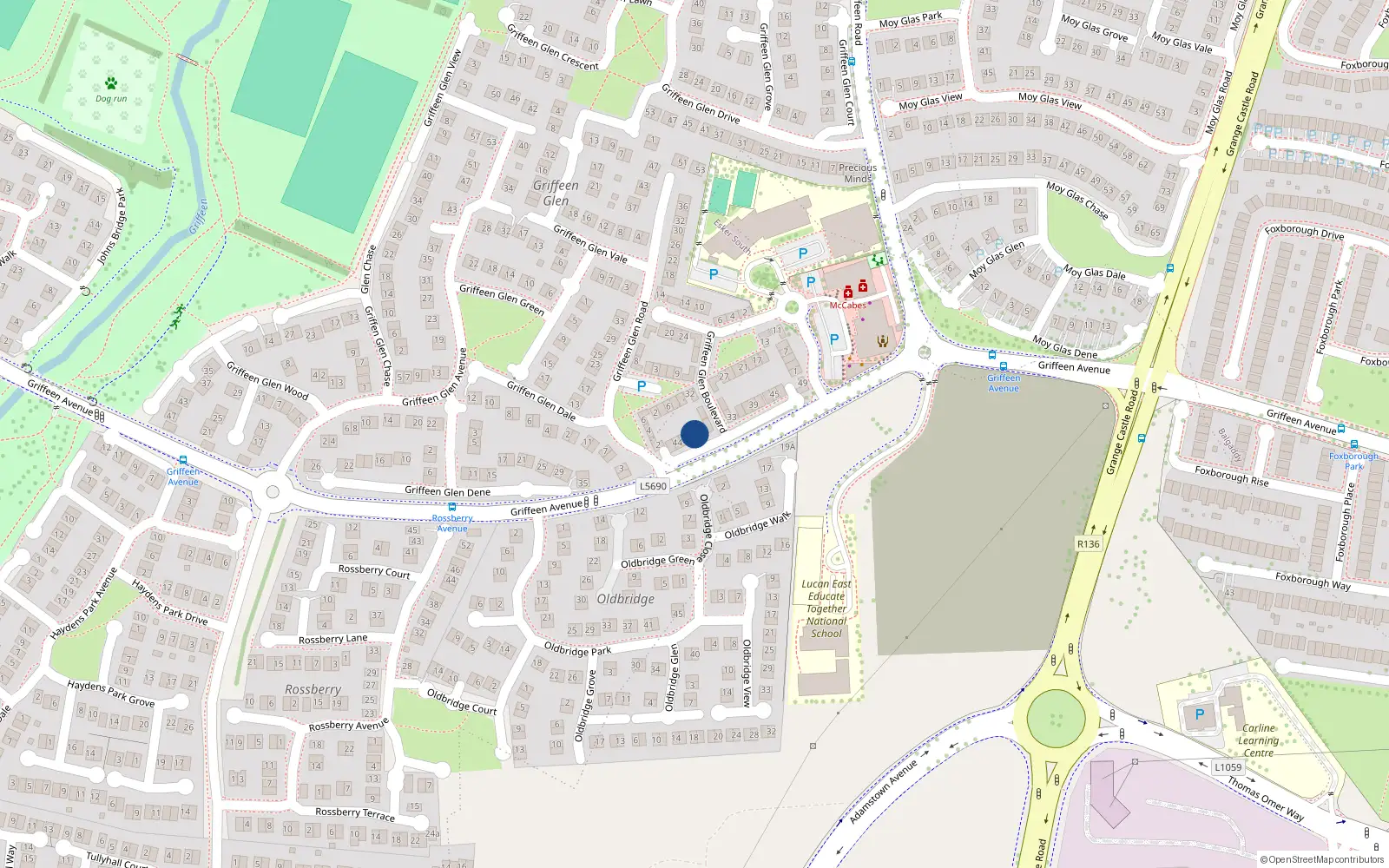 Overhead map showing the location of 38 Griffeen Glen Boulevard, Lucan