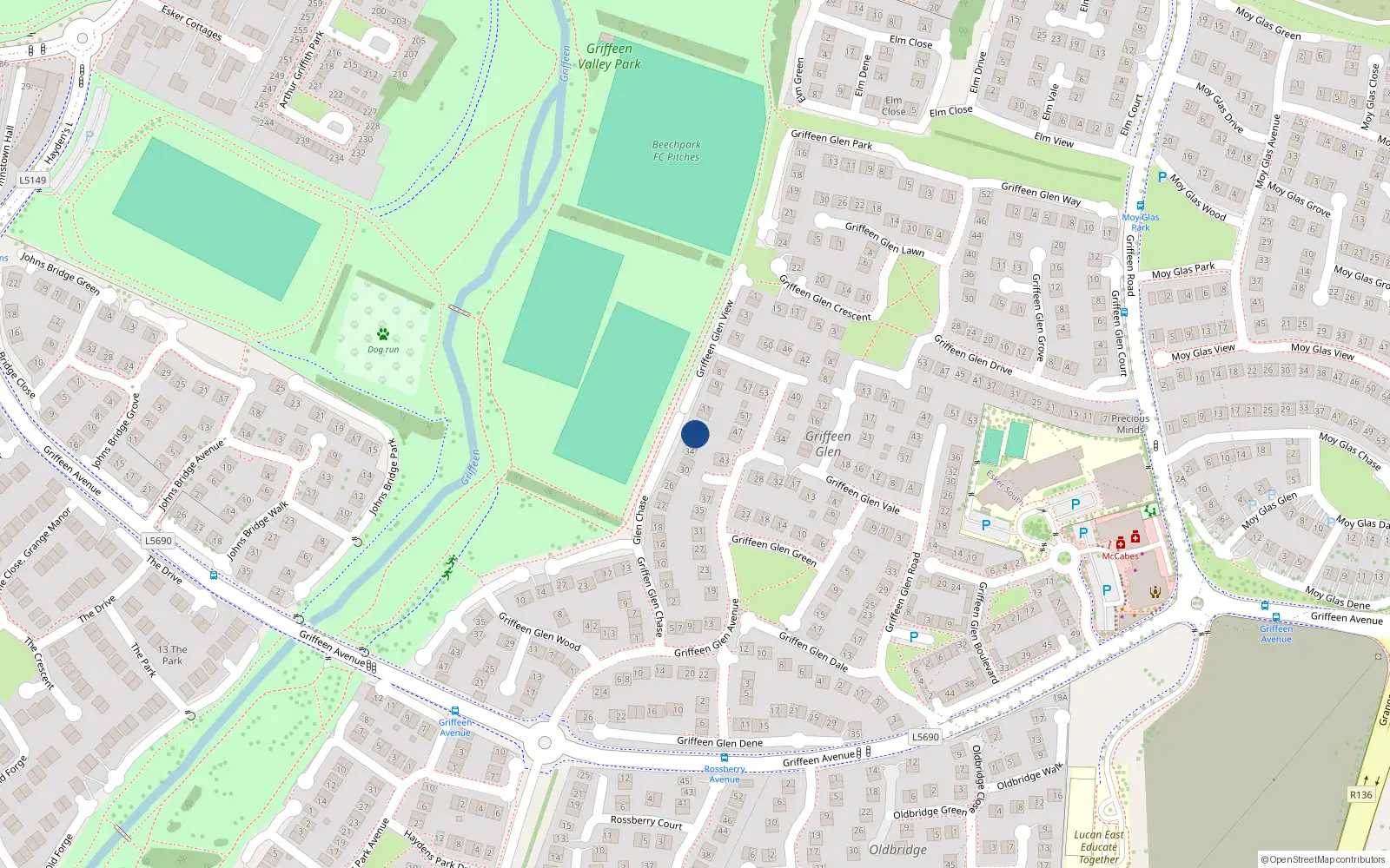Overhead map showing the location of 38 Griffeen Glen Chase, Lucan, Dublin