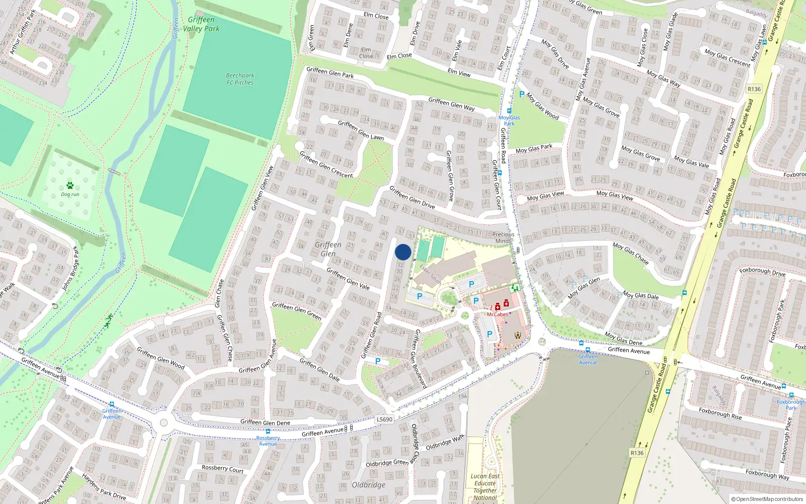 Overhead map showing the location of 38 Griffeen Glen Road, Lucan