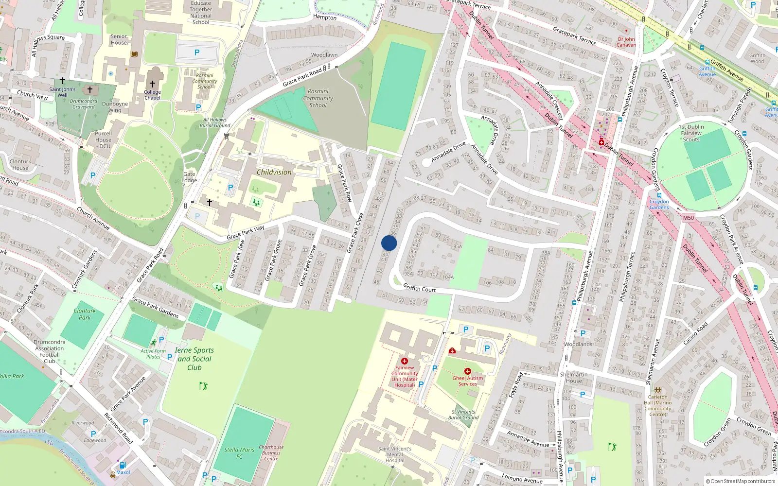Overhead map showing the location of 38 Griffith Court, Dublin 3