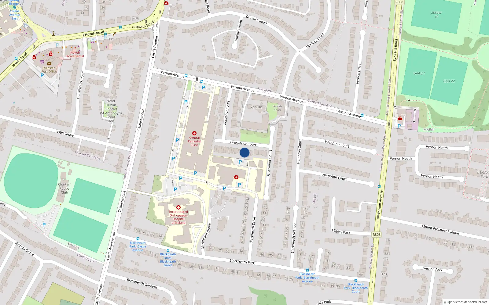 Overhead map showing the location of 38 Grosvenor Court, Vernon Avenue, Clontarf Dublin 3