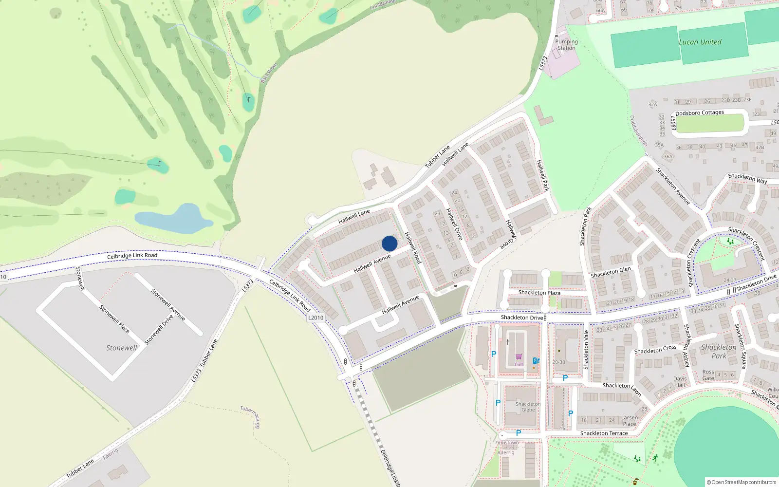 Overhead map showing the location of 38 Hallwell Avenue, Lucan