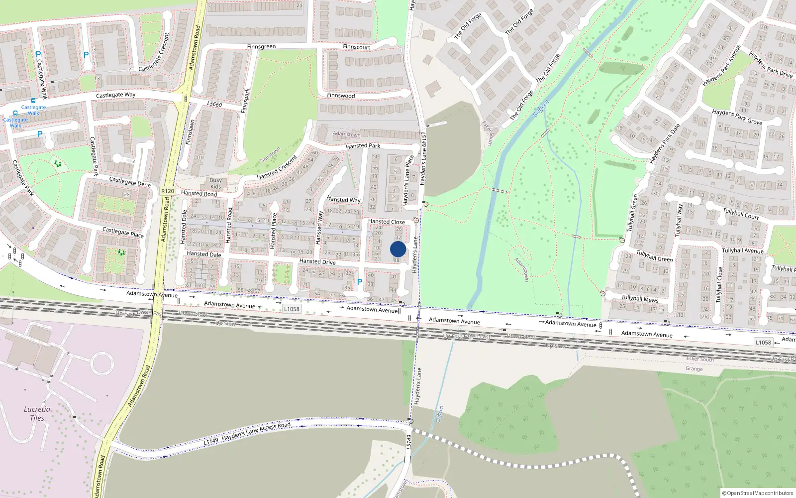 Overhead map showing the location of 38 Hanstead Close, Lucan