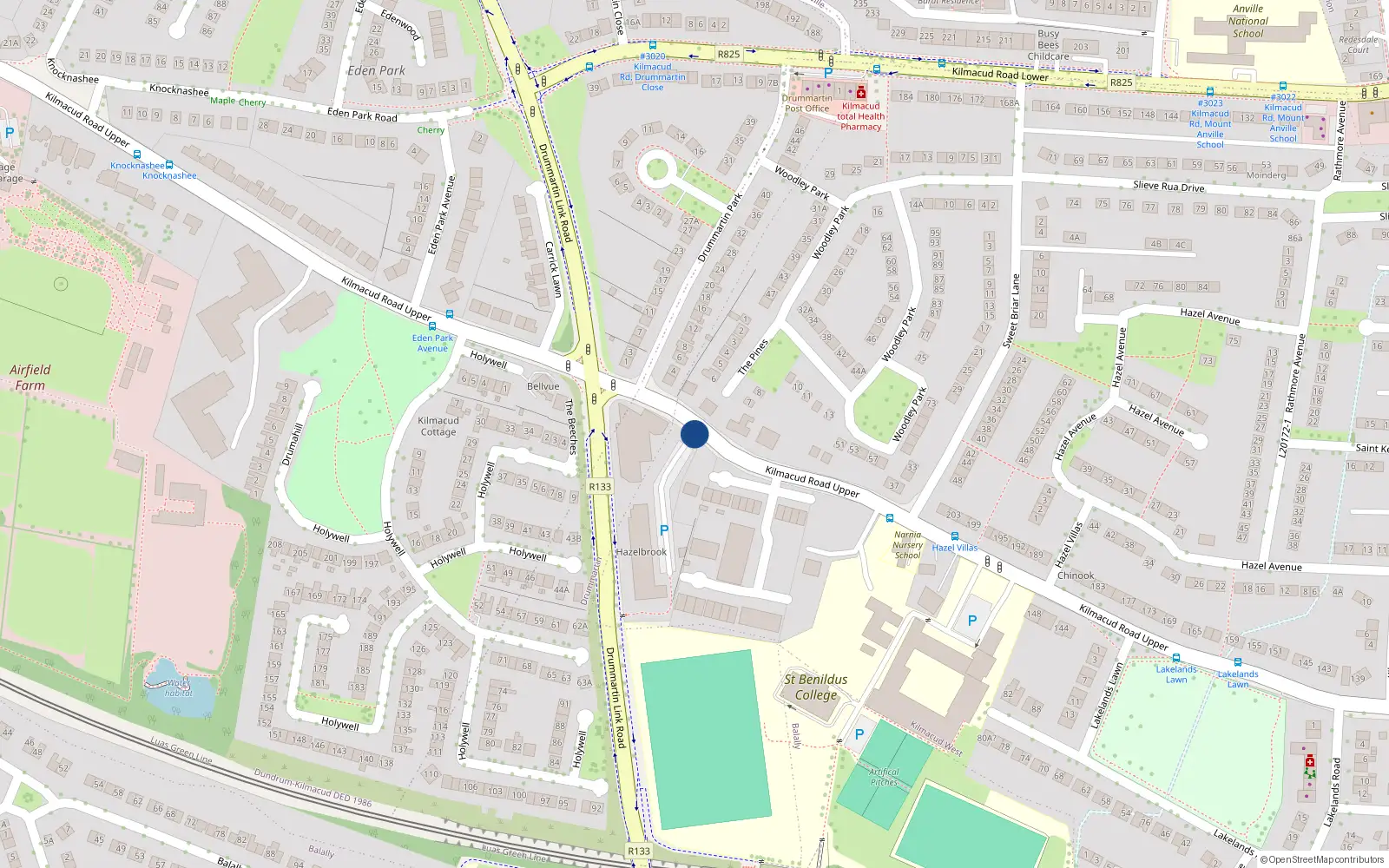 Overhead map showing the location of 38 Hazelbrook, Kilmacud