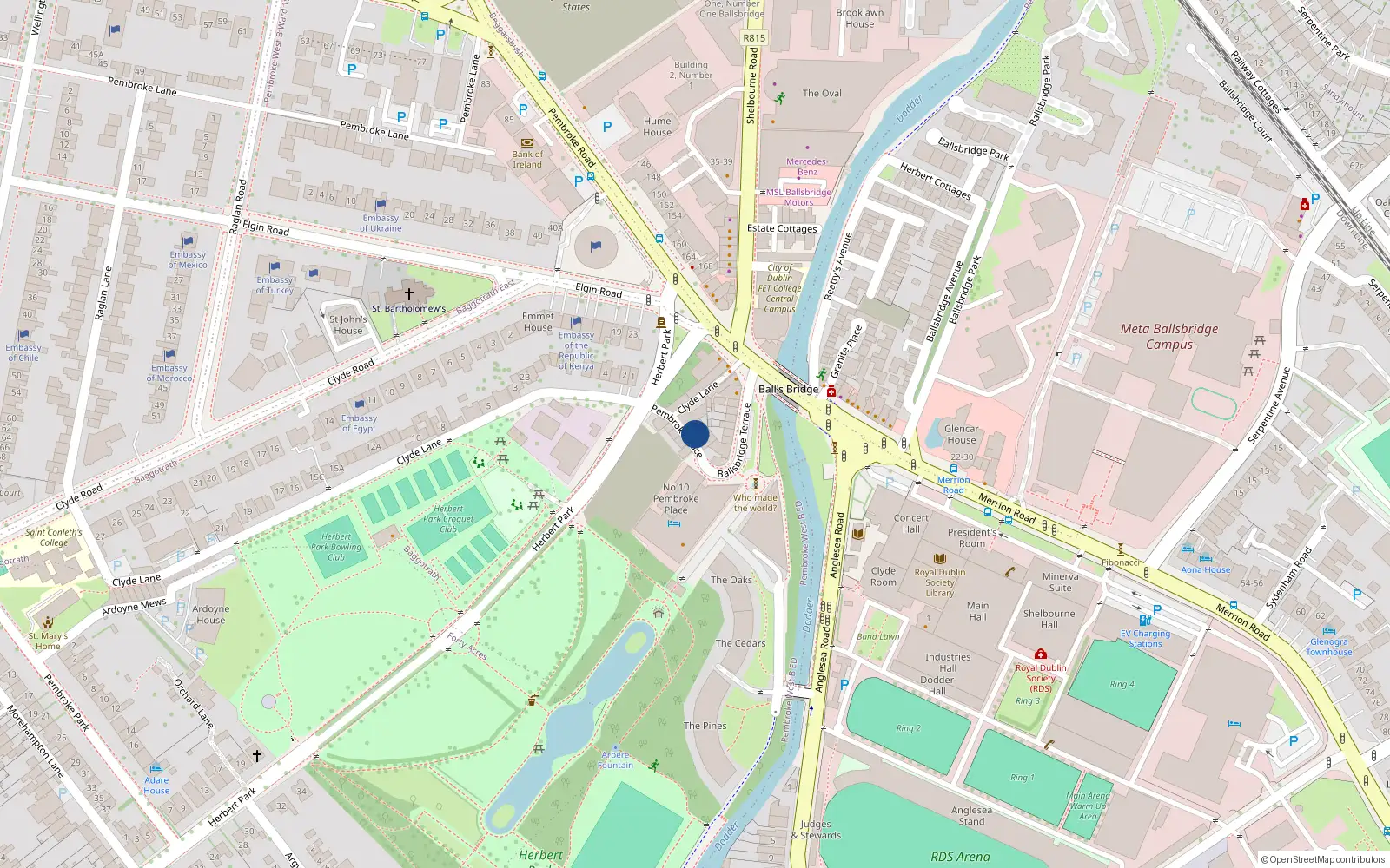 Overhead map showing the location of 38 Herbert Park, Dublin 4