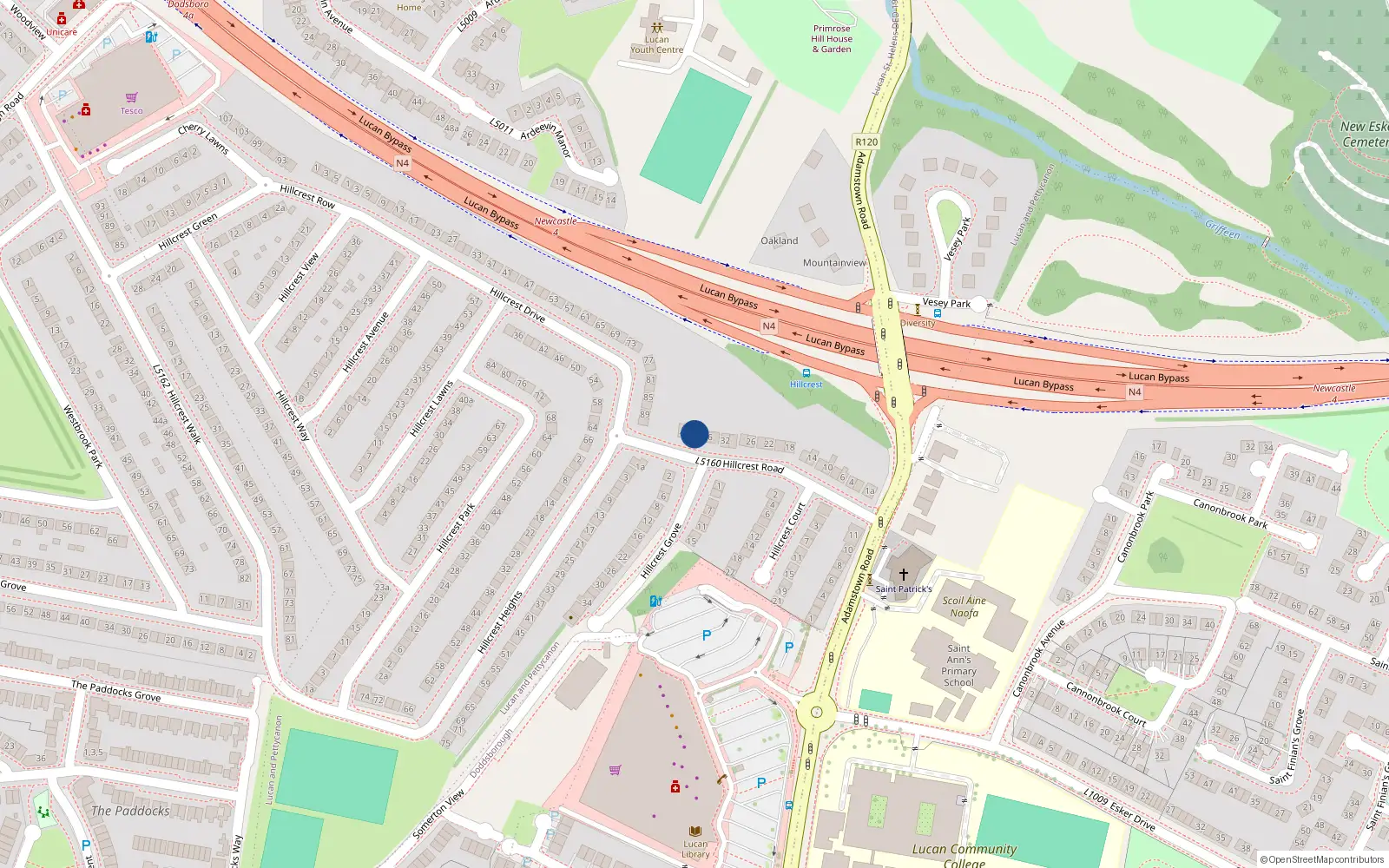 Overhead map showing the location of 38 Hillcrest Road, Lucan