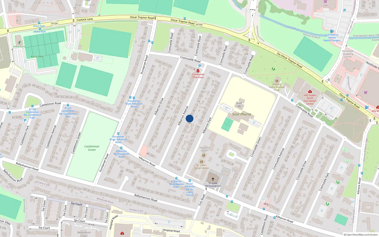 Overhead map showing the location of 38 Kilbarron Avenue, Kilmore West, Coolock Dublin 5