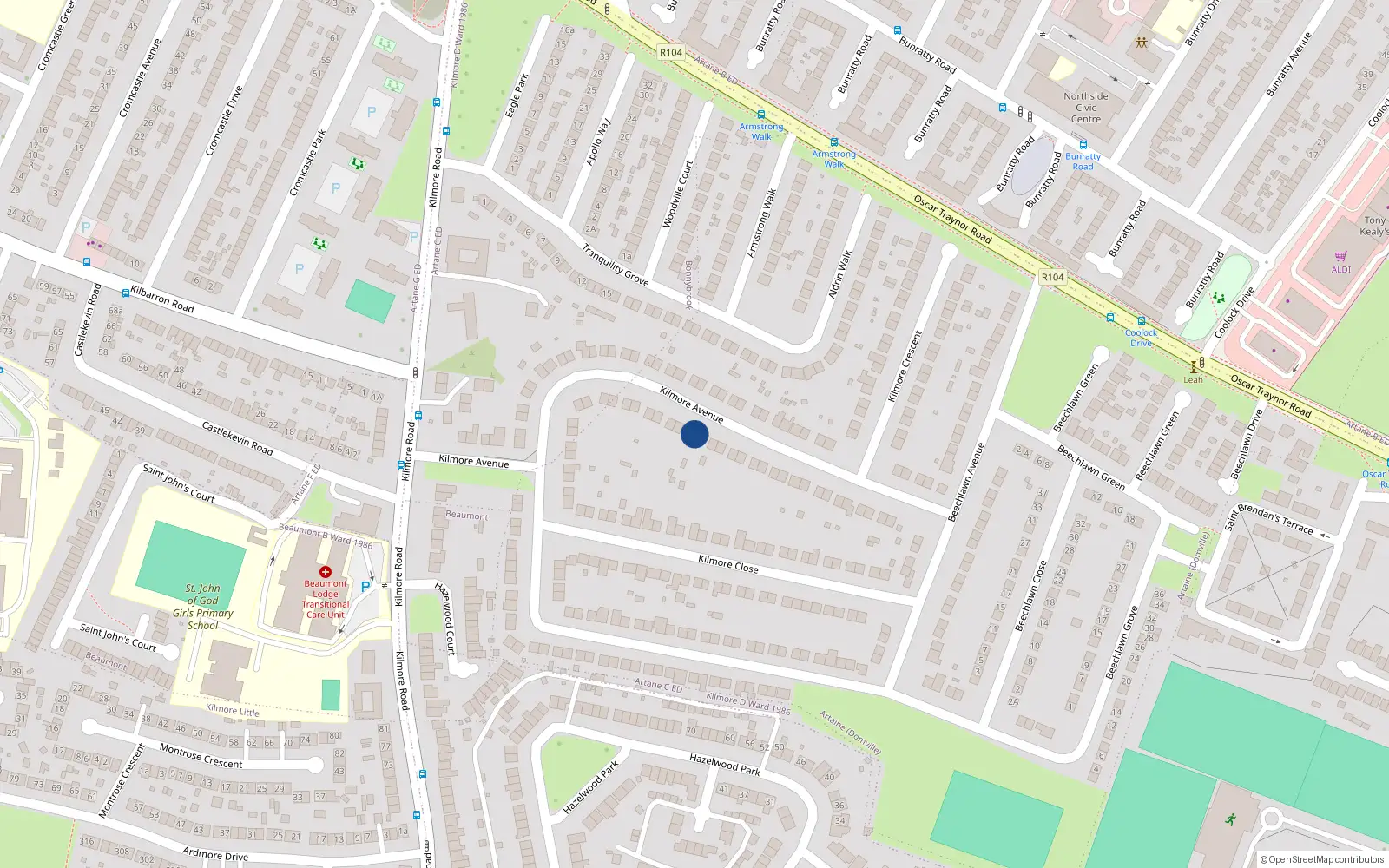 Overhead map showing the location of 38 Kilmore Avenue, Dublin 5