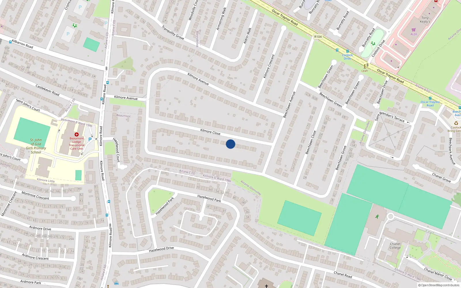 Overhead map showing the location of 38 Kilmore Close, Dublin 5