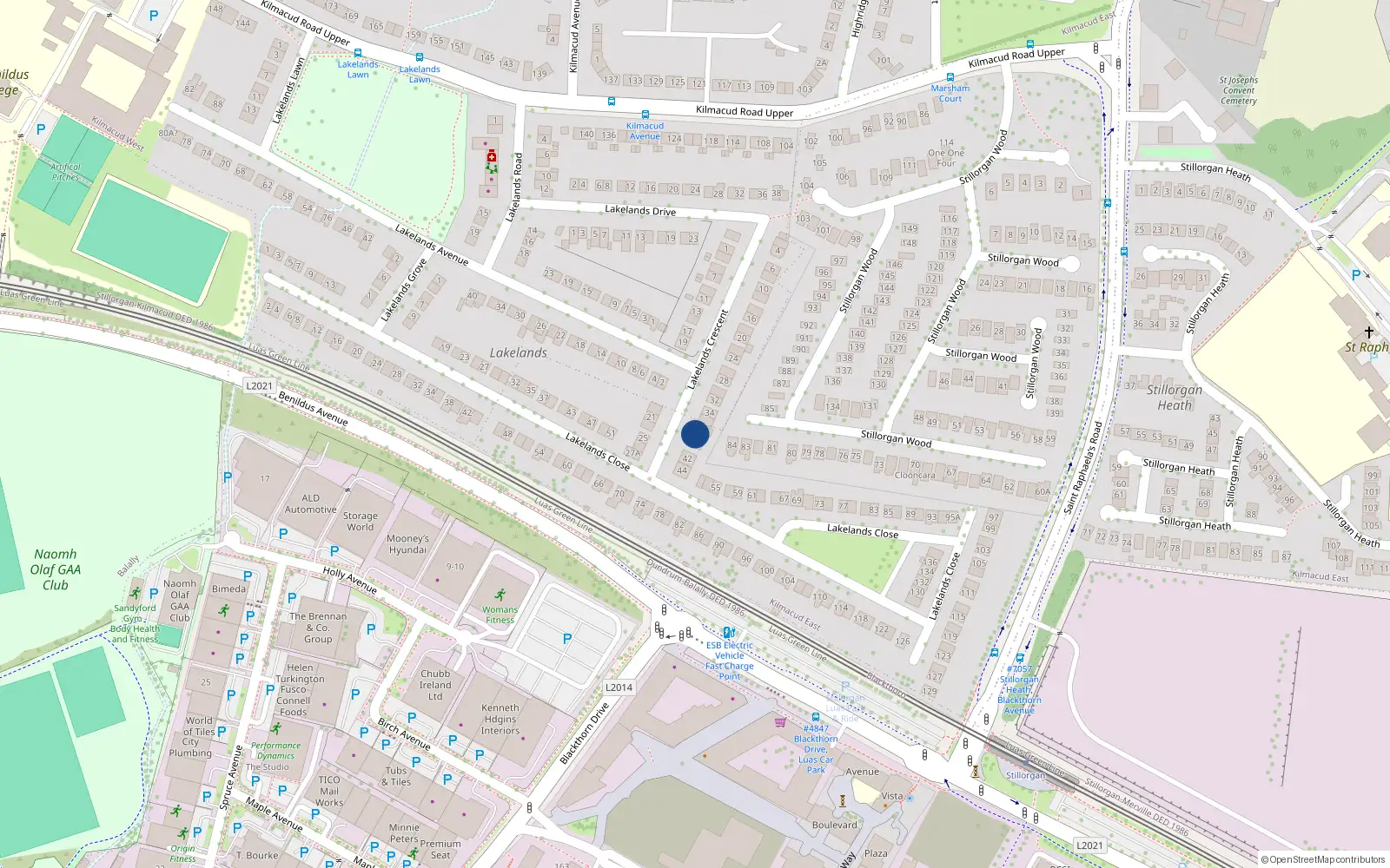 Overhead map showing the location of 38 Lakelands Crescent, Kilmacud Road Upper, Stillorgan
