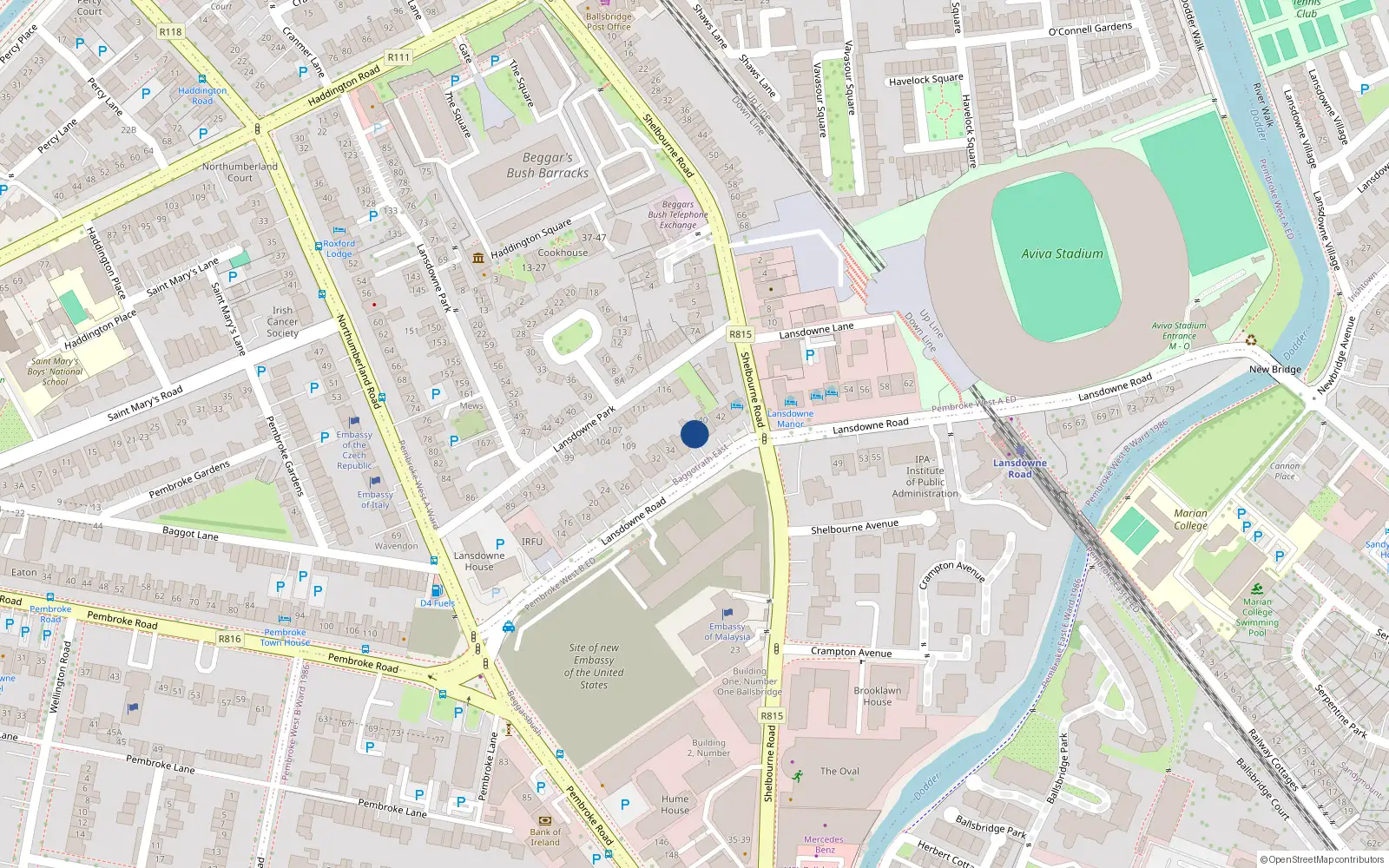 Overhead map showing the location of 38 Lansdowne Road, Dublin