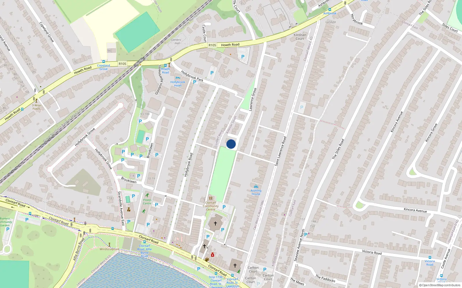 Overhead map showing the location of 38 Lawrence Grove, Clontarf, Dublin 3