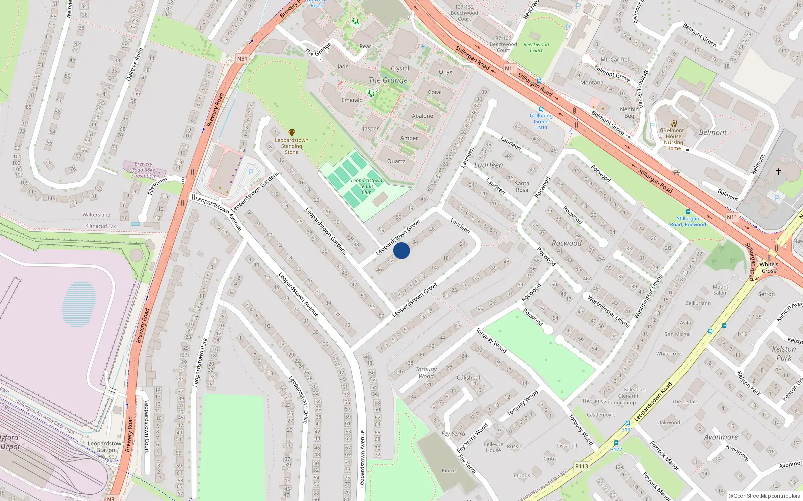 Overhead map showing the location of 38 Leopardstown Grove, Dublin
