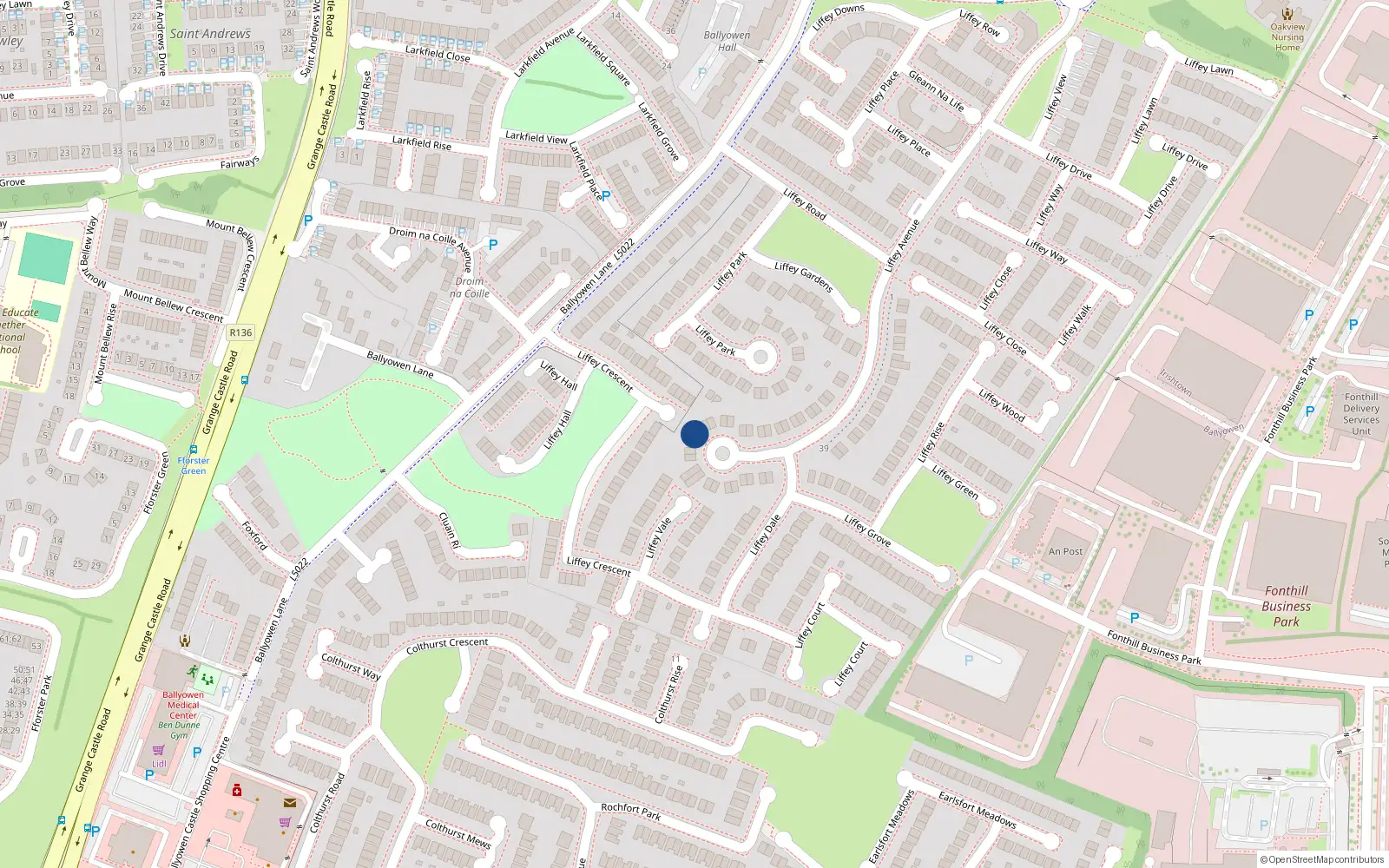 Overhead map showing the location of 38 Liffey Avenue, Lucan