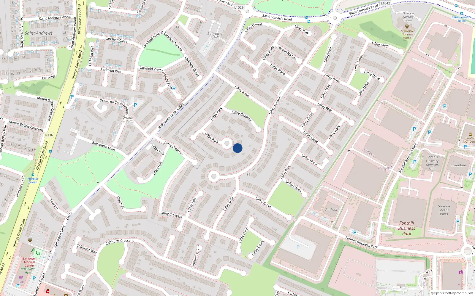 Overhead map showing the location of 38 Liffey Park, Liffey Valley Park, Lucan