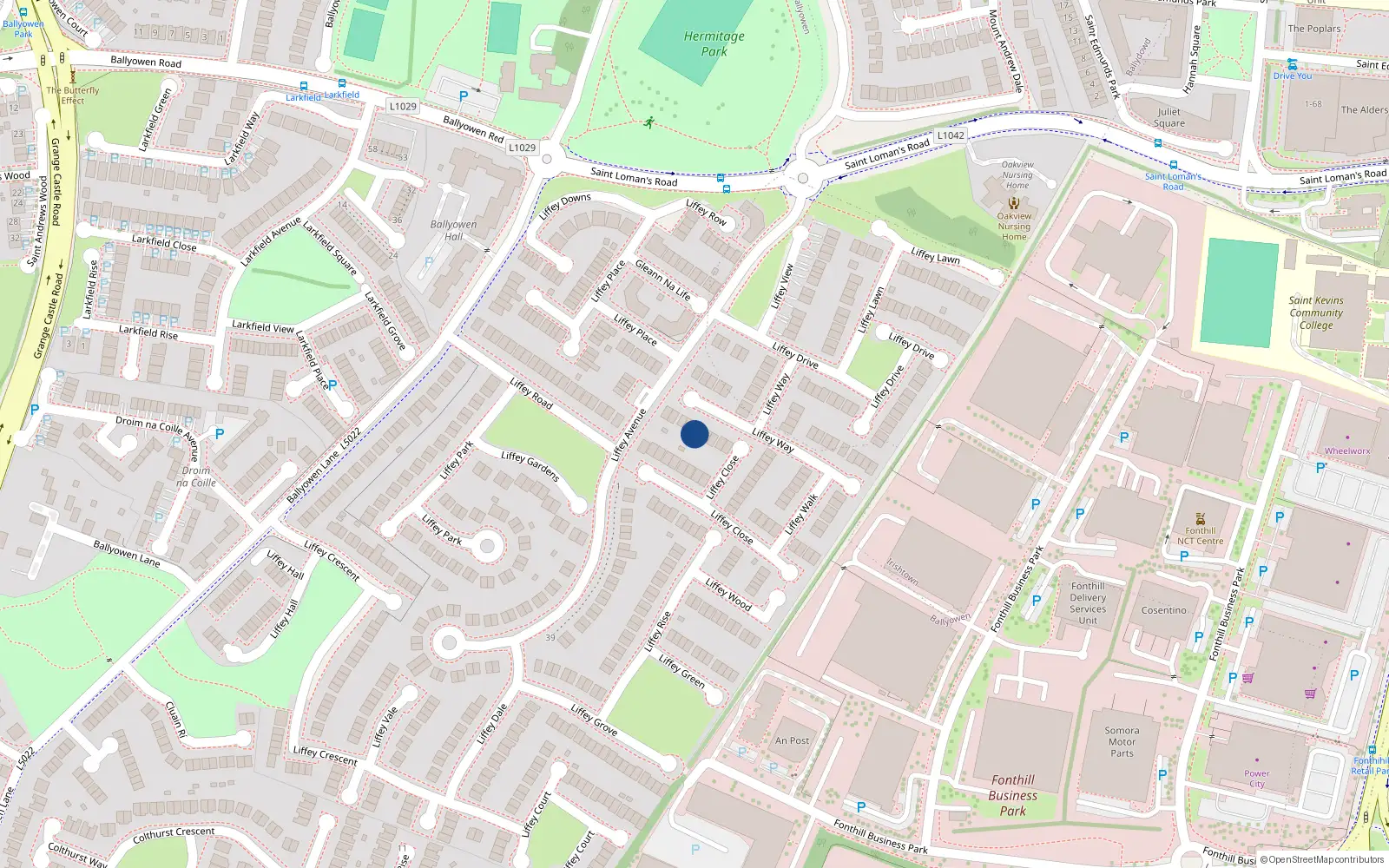 Overhead map showing the location of 38 Liffey Way, Lucan