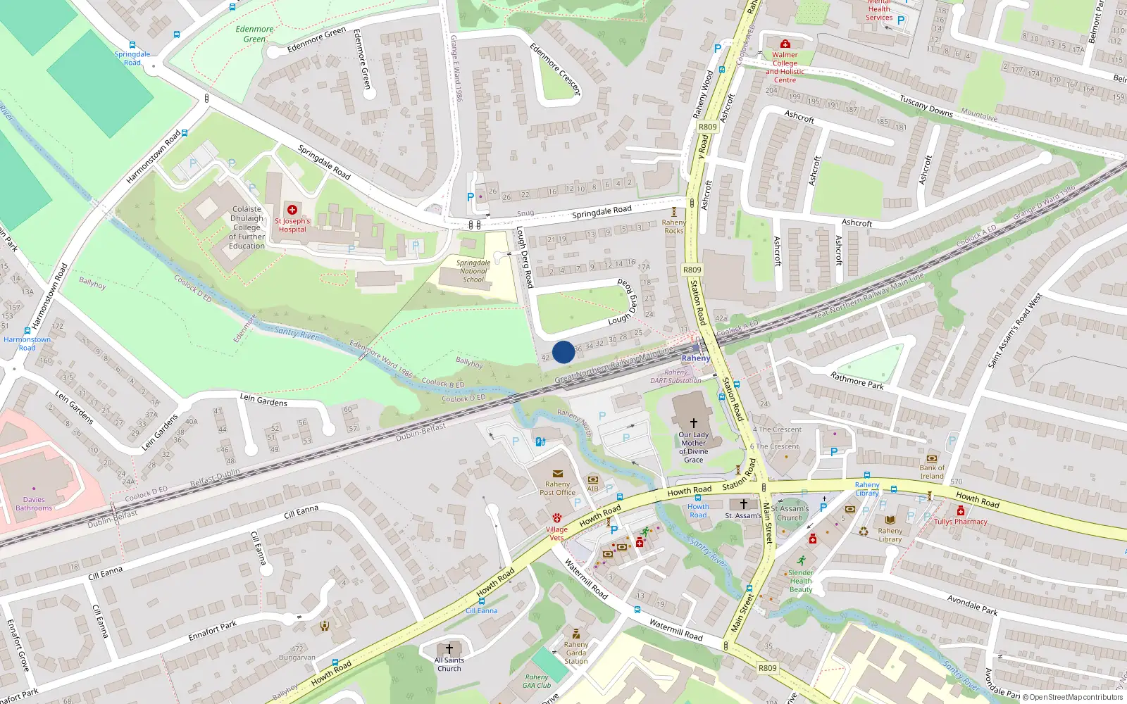 Overhead map showing the location of 38 Lough Derg Road, Raheny, Dublin 5