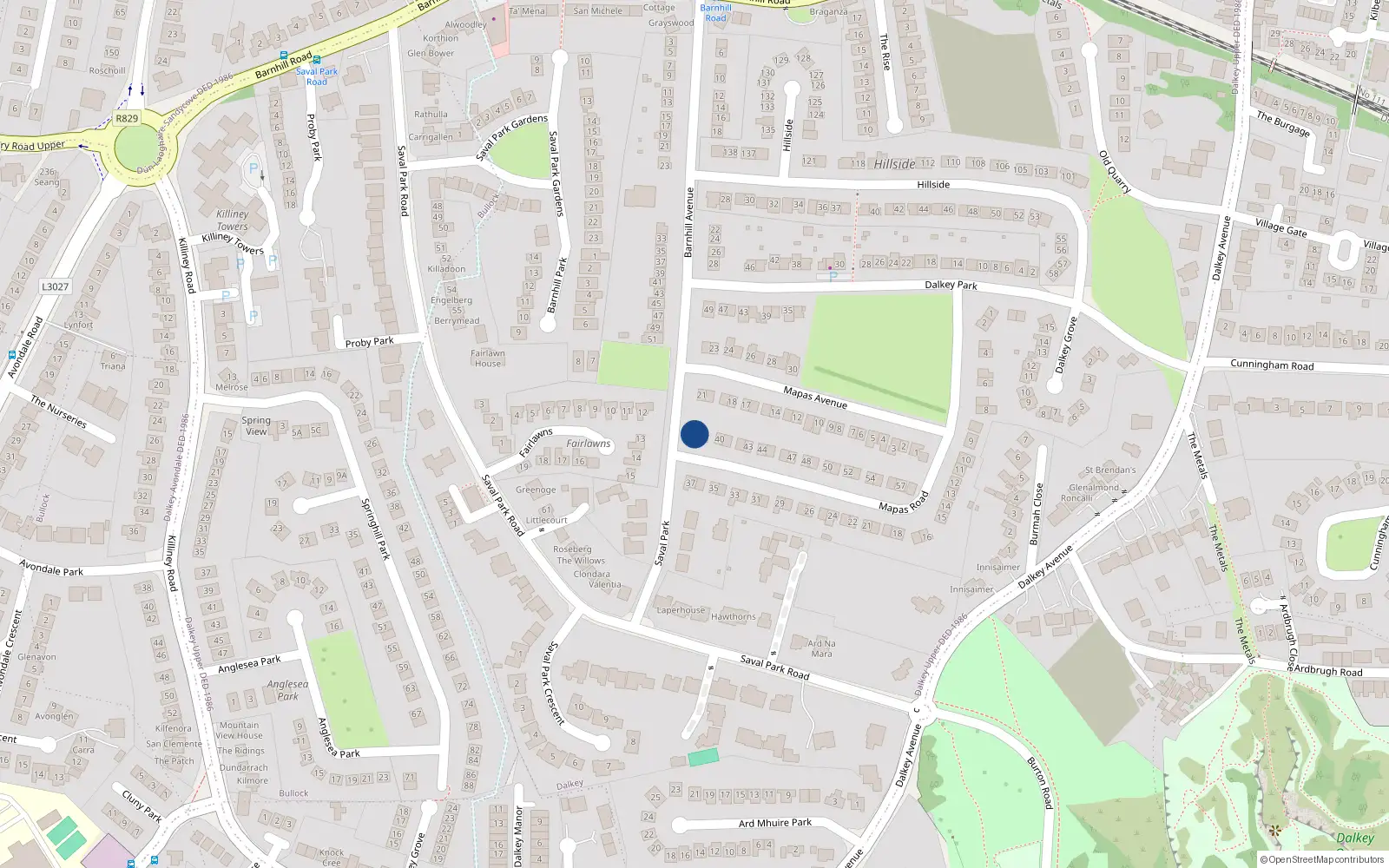 Overhead map showing the location of 38 Mapas Road, Dalkey
