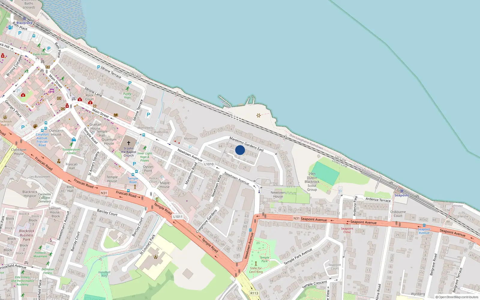 Overhead map showing the location of 38 Maretimo Gardens East, Blackrock