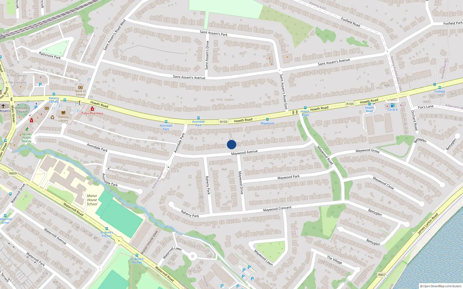 Overhead map showing the location of 38 Maywood Avenue, Dublin 5