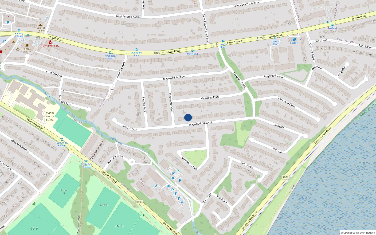 Overhead map showing the location of 38 Maywood Crescent, Dublin 5