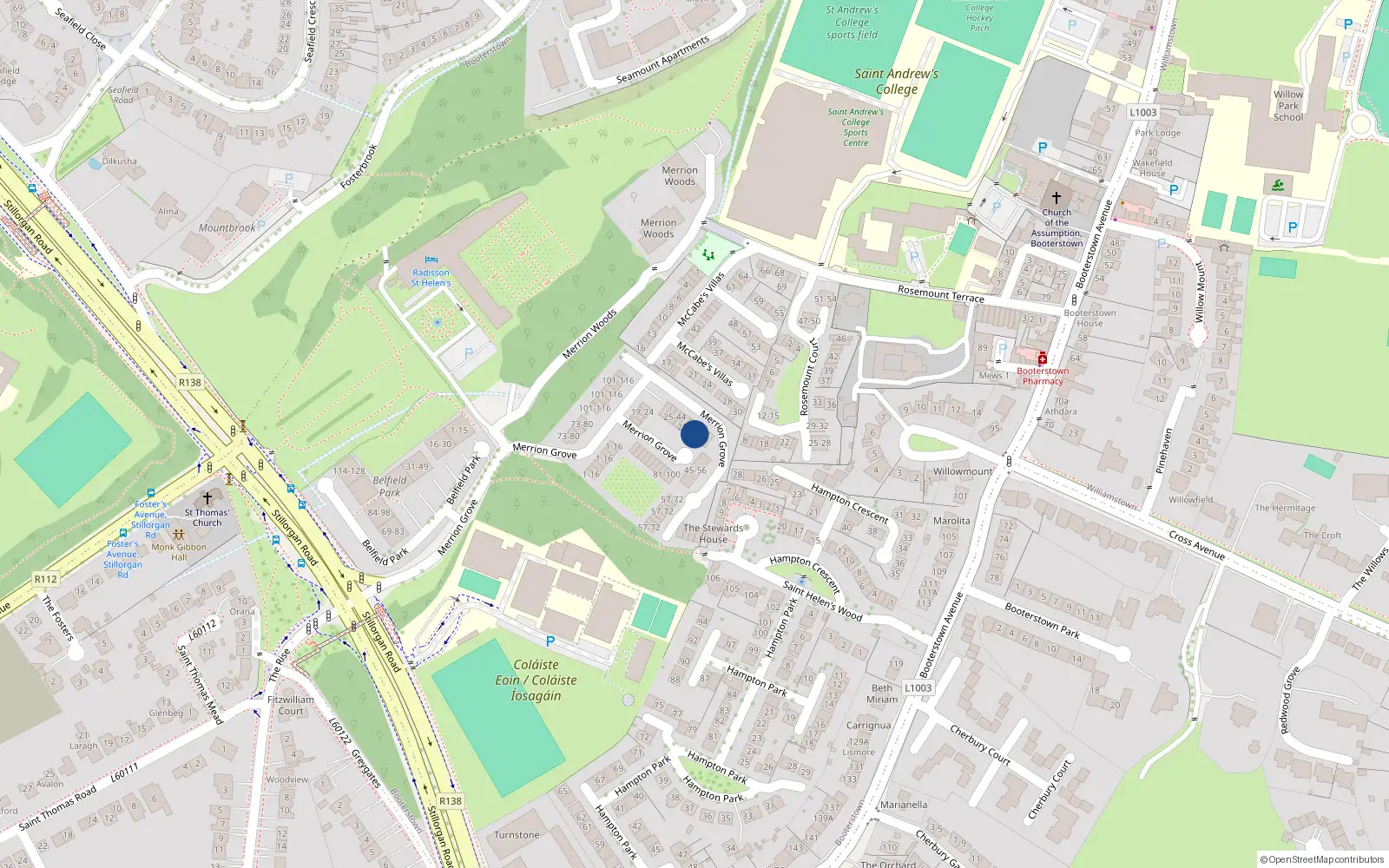 Overhead map showing the location of 38 Merrion Grove, Stillorgan, Dublin