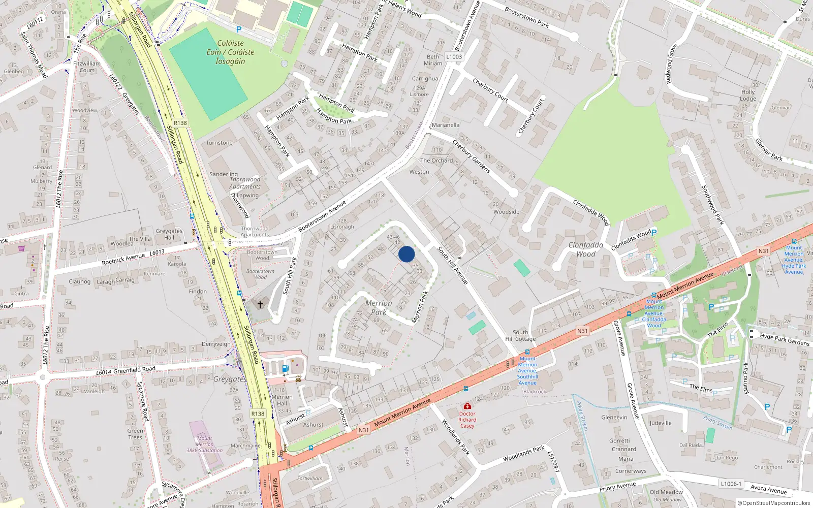 Overhead map showing the location of 38 Merrion Park, Blackrock