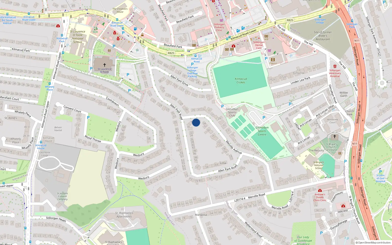 Overhead map showing the location of 38 Merville Avenue, Dublin