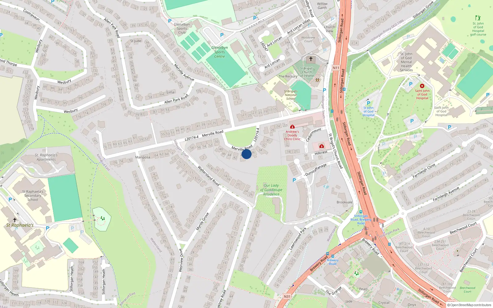 Overhead map showing the location of 38 Merville Road, Stillorgan, Co Dublin