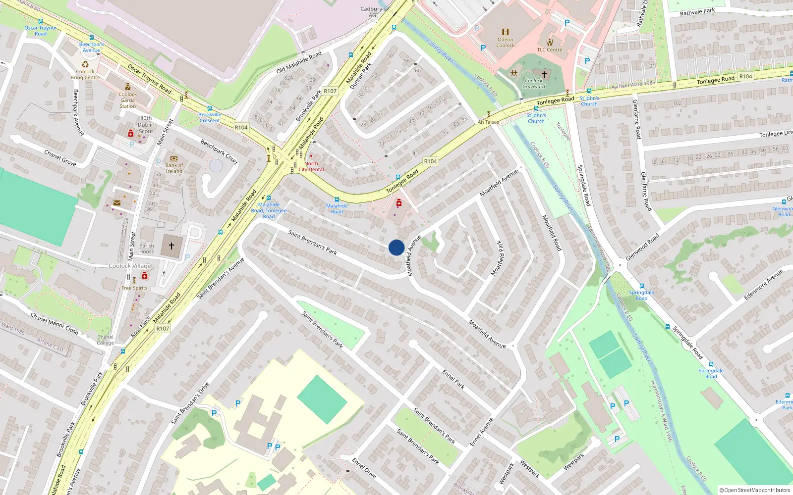 Overhead map showing the location of 38 Moatfield Avenue, Dublin 5
