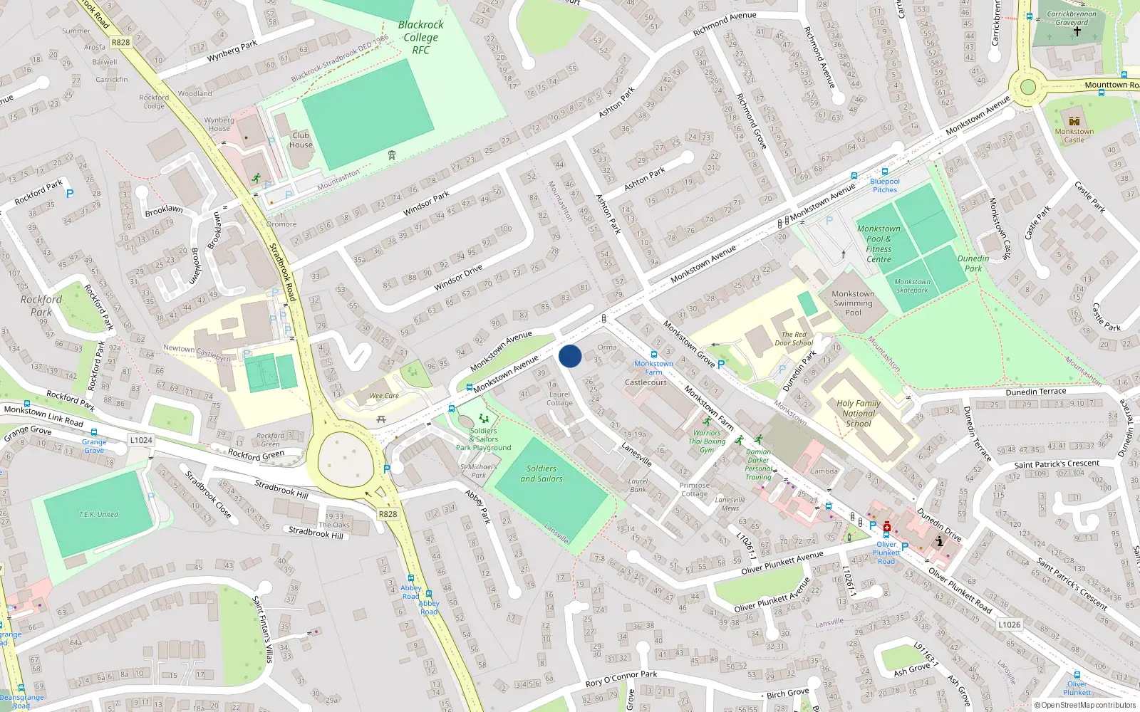 Overhead map showing the location of 38 Monkstown Avenue, Blackrock, Dublin