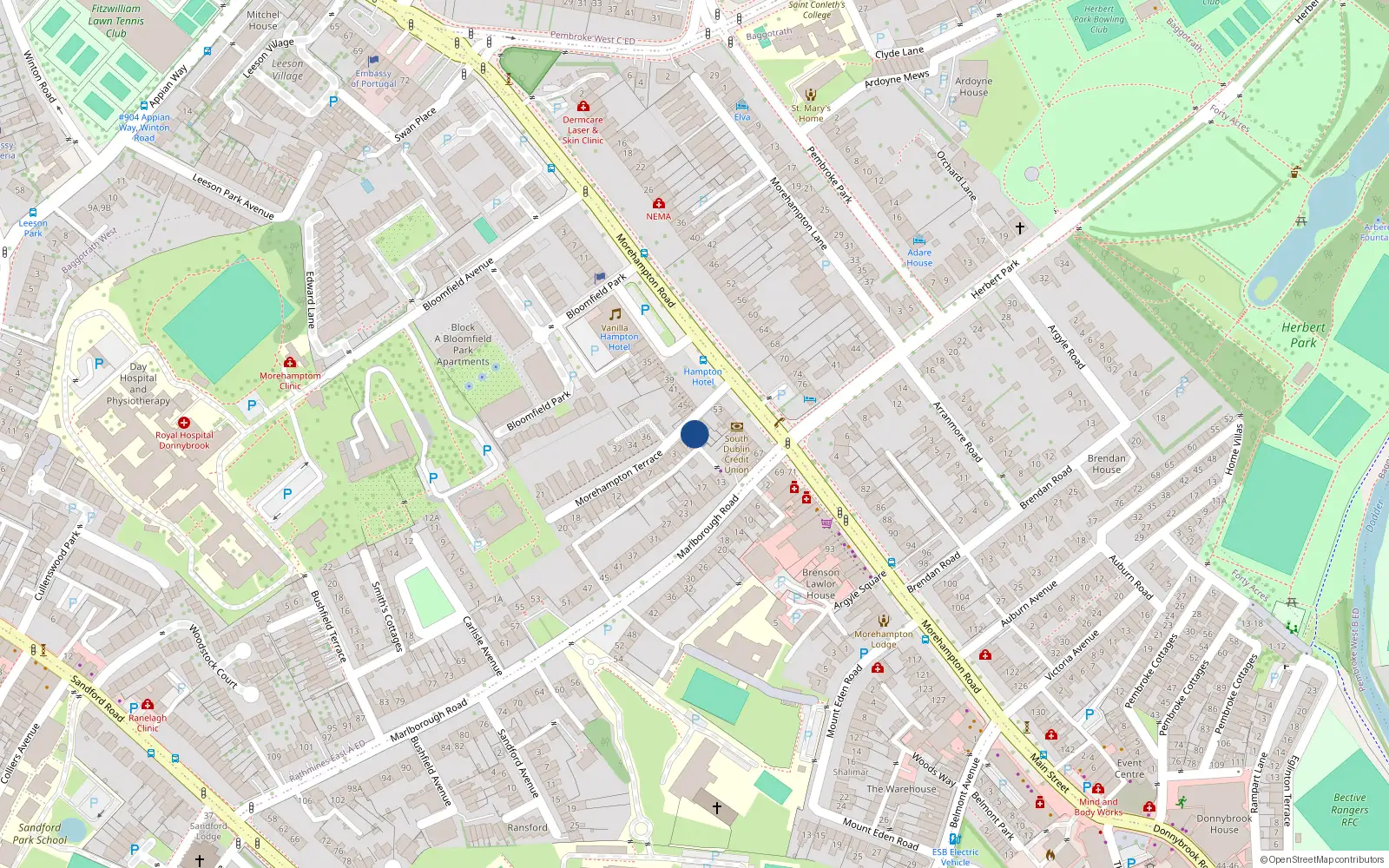 Overhead map showing the location of 38 Morehampton Terrace, Donnybrook