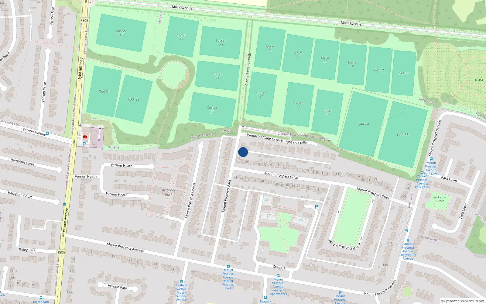 Overhead map showing the location of 38 Mount Prospect Park, Dublin 3