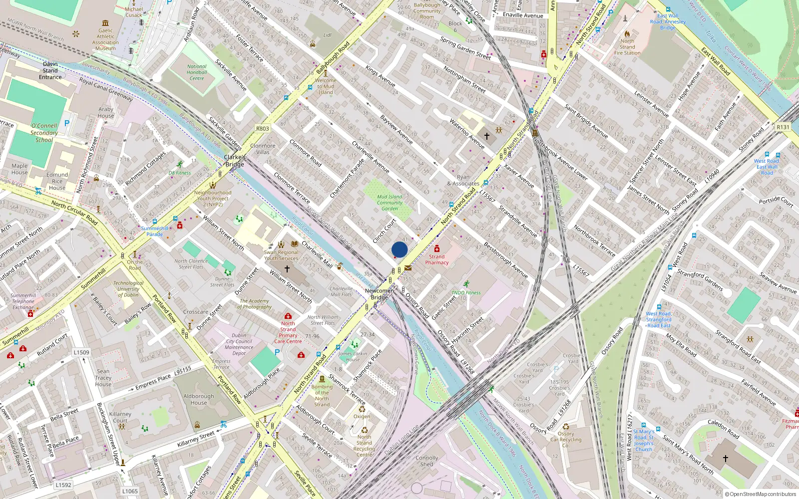 Overhead map showing the location of 38 North Strand Road, North Strand