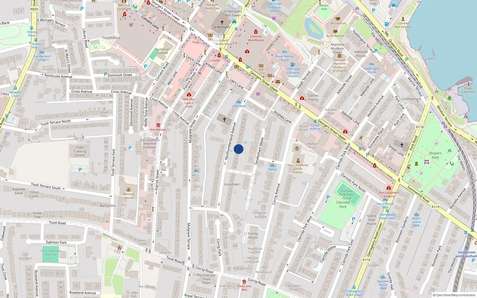 Overhead map showing the location of 38 Northumberland Avenue, Dublin