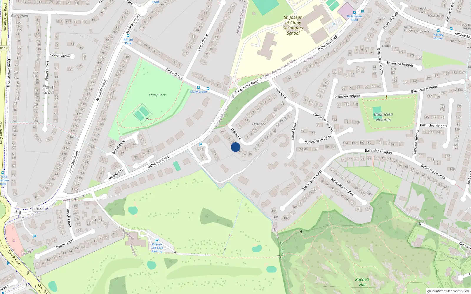 Overhead map showing the location of 38 Oak Dene, Killiney, Co Dublin