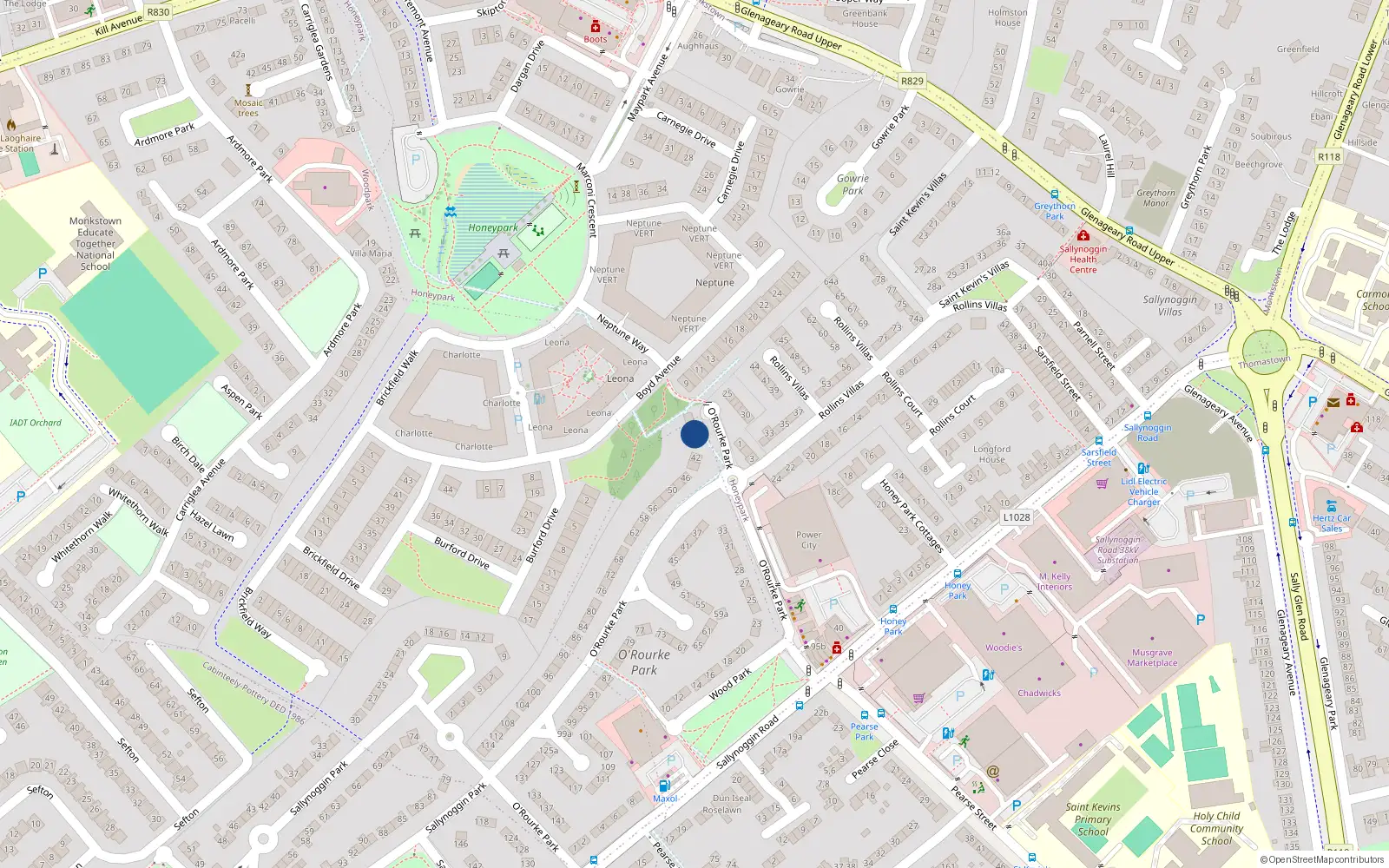 Overhead map showing the location of 38 Orourke Park, Sallynoggin, Dublin