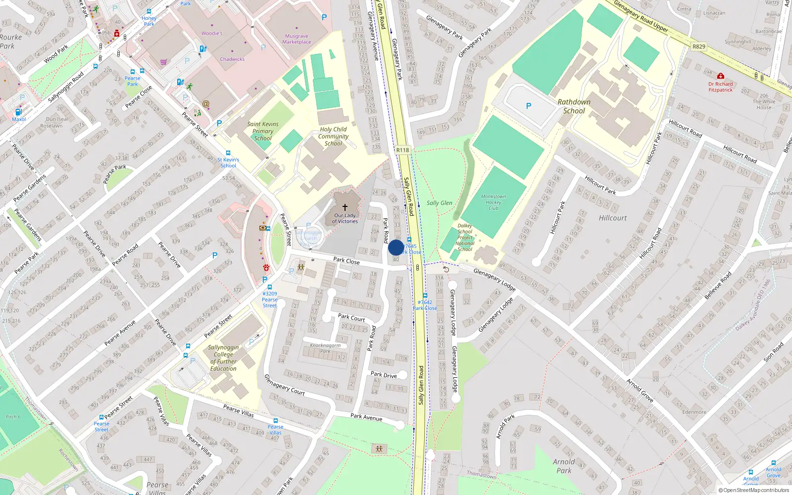 Overhead map showing the location of 38 Park Road, Glenageary