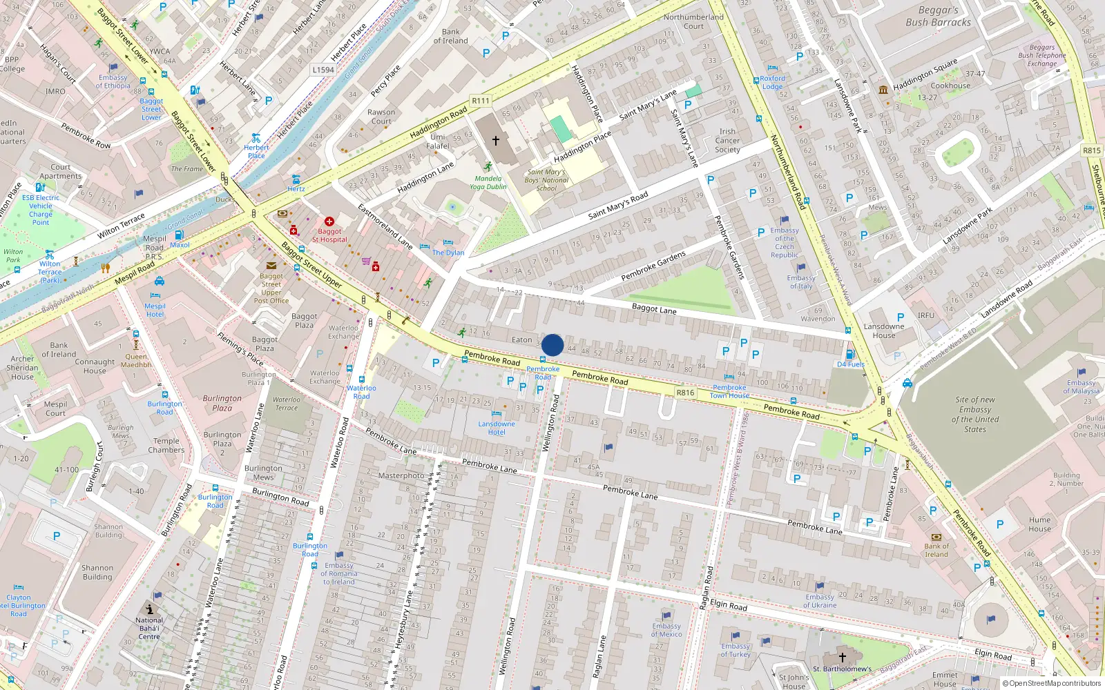 Overhead map showing the location of 38 Pembroke Road, Dublin 4