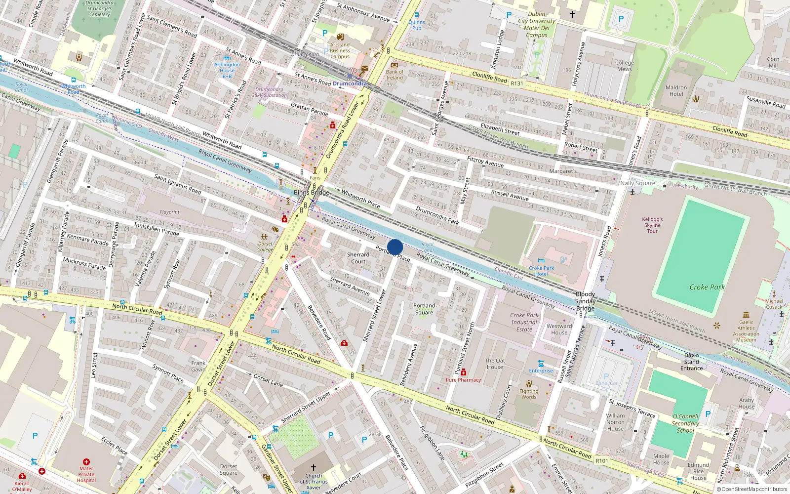 Overhead map showing the location of 38 Portland Lock, Royal Canal, Dublin 1