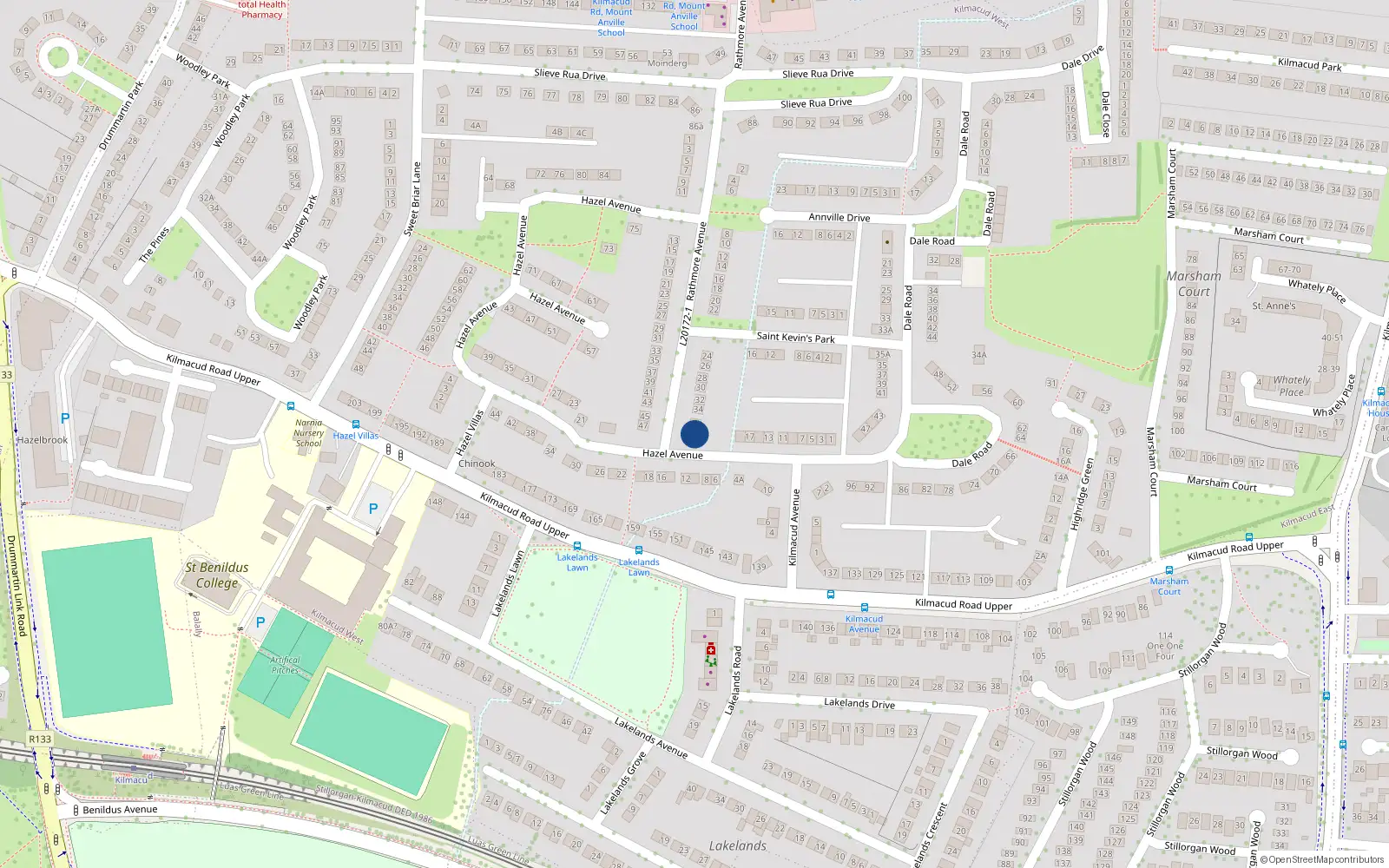 Overhead map showing the location of 38 Rathmore Avenue, Blackrock