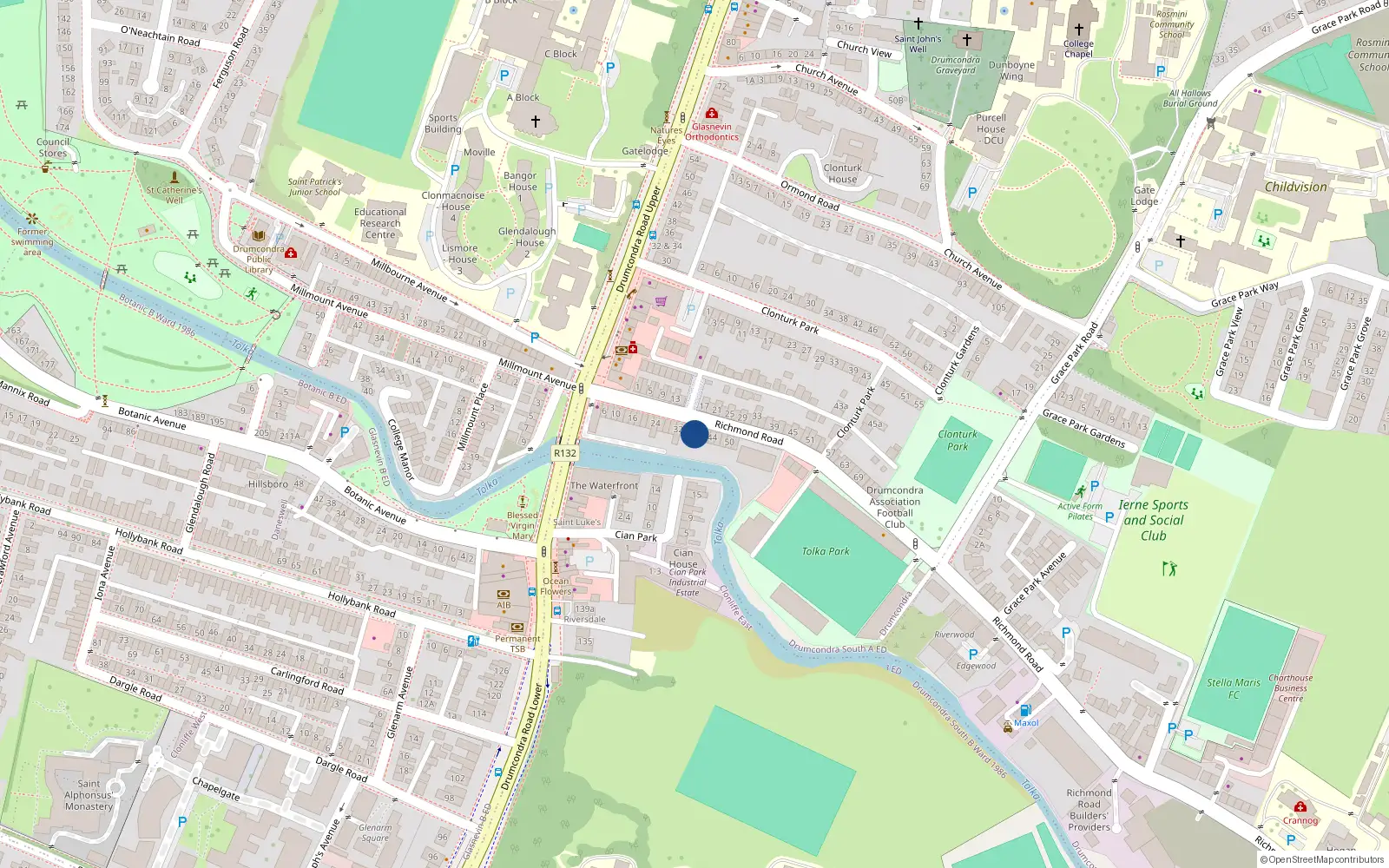 Overhead map showing the location of 38 Richmond Road, Drumcondra, Dublin 3