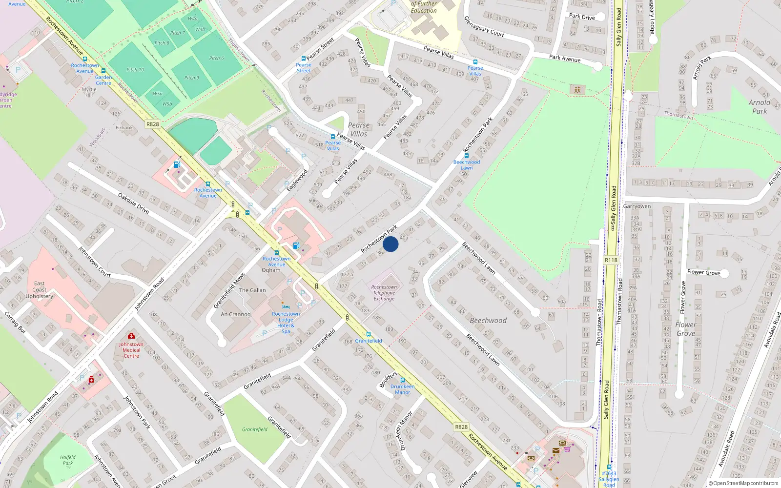 Overhead map showing the location of 38 Rochestown Park, Dun Laoghaire, Dublin