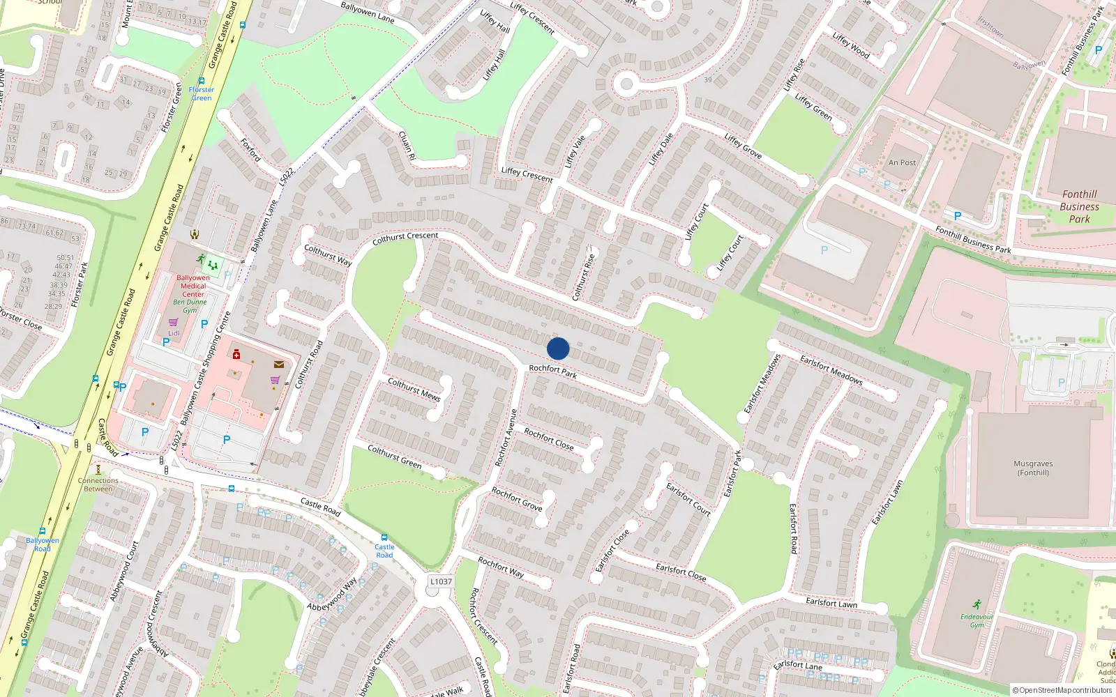 Overhead map showing the location of 38 Rochfort Park, Lucan
